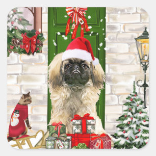 Pekingese Dog Christmas Square Sticker
