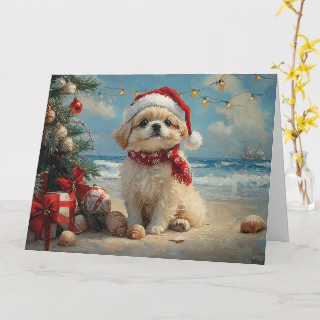Pekingese Dog Christmas Vintage Beach  Card (Yellow Flower)