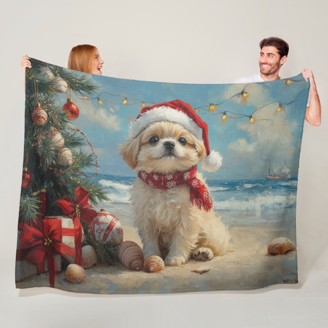 Pekingese Dog Christmas Vintage Beach  Fleece Blanket (In Situ)