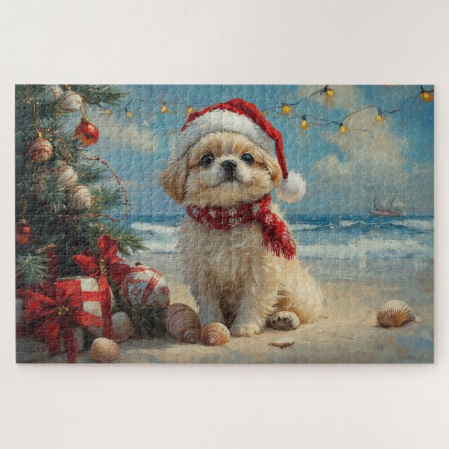 Pekingese Dog Christmas Vintage Beach  Jigsaw Puzzle (Horizontal)