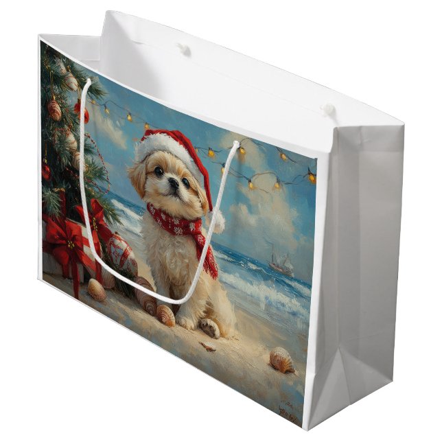 Pekingese Dog Christmas Vintage Beach  Large Gift Bag (Front Angled)