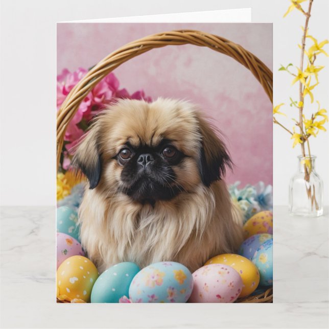 Pekingese Dog Easter Eggs Card (Yellow Flower)