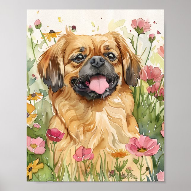 Pekingese Dog Fluffy Watercolor Poster Print (Front)