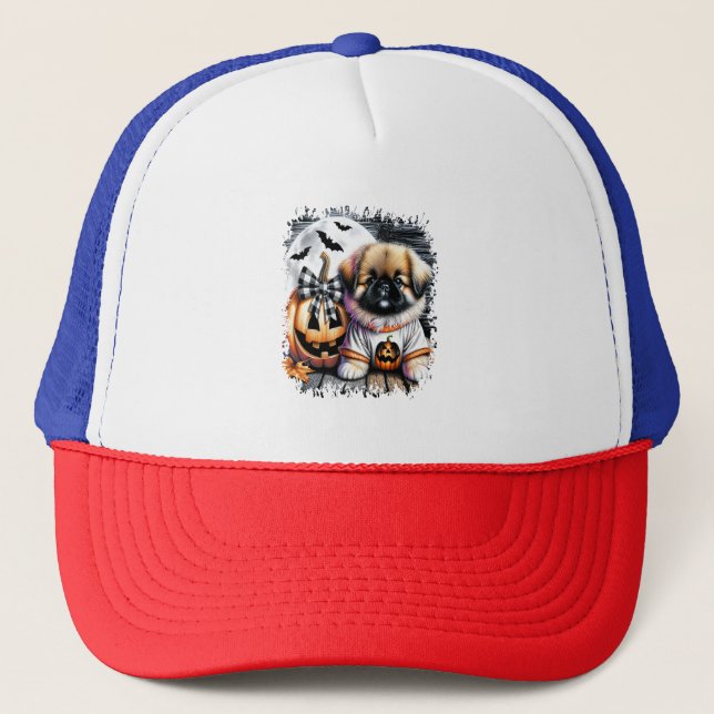 Pekingese Dog Halloween Square Trucker Hat (Front)