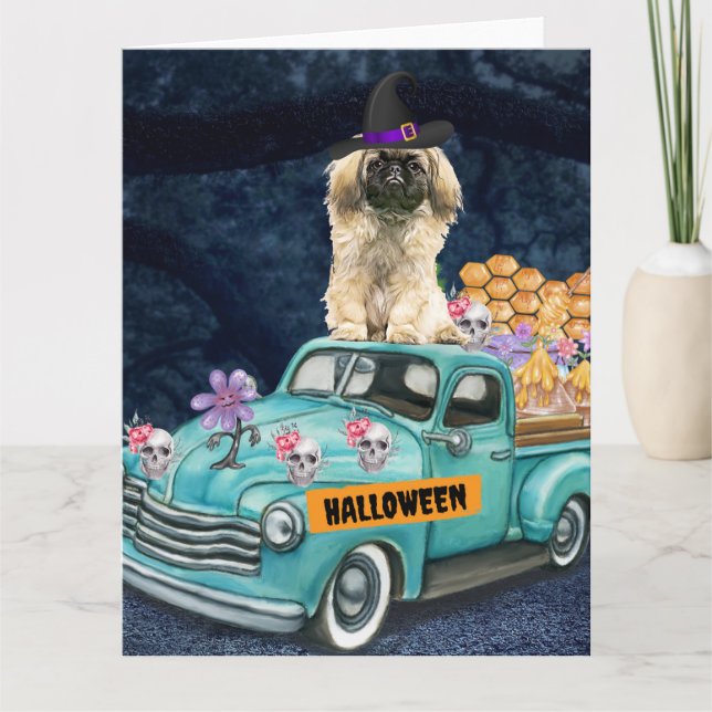 Pekingese Dog Halloween Truck Scary Night  Card (Front)