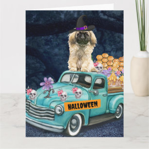 Pekingese Dog Halloween Truck Scary Night Card