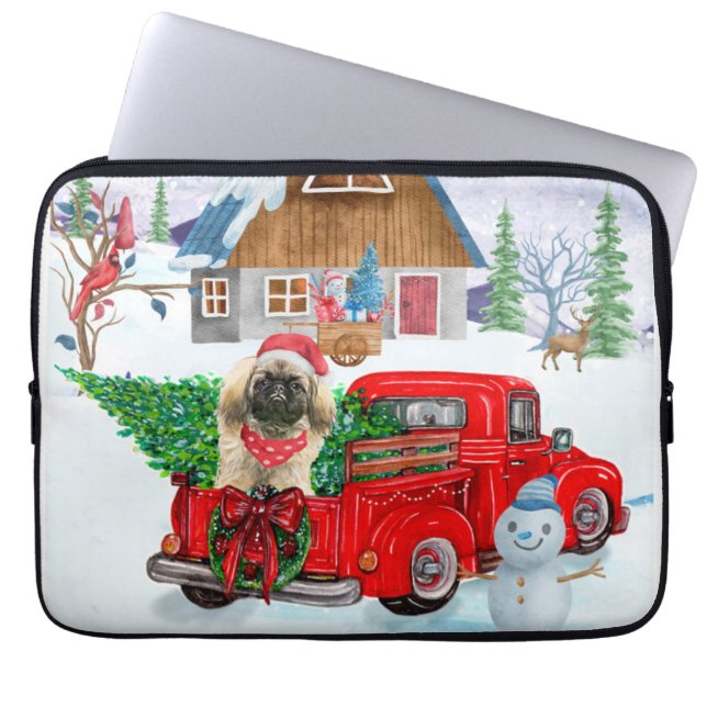 Pekingese Dog In Christmas Delivery Truck Snow Laptop Sleeve (Front)