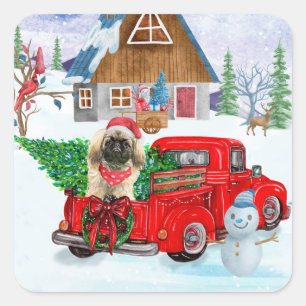 Pekingese Dog In Christmas Delivery Truck Snow Square Sticker