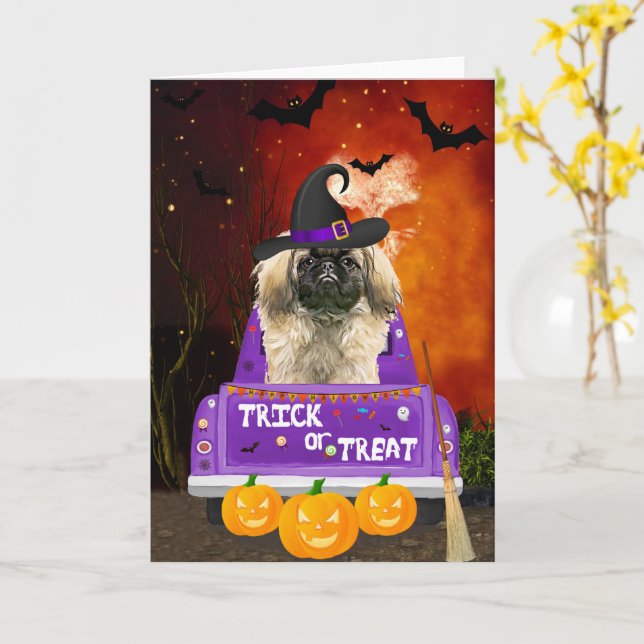 Pekingese Dog in Halloween Truck Card (Yellow Flower)