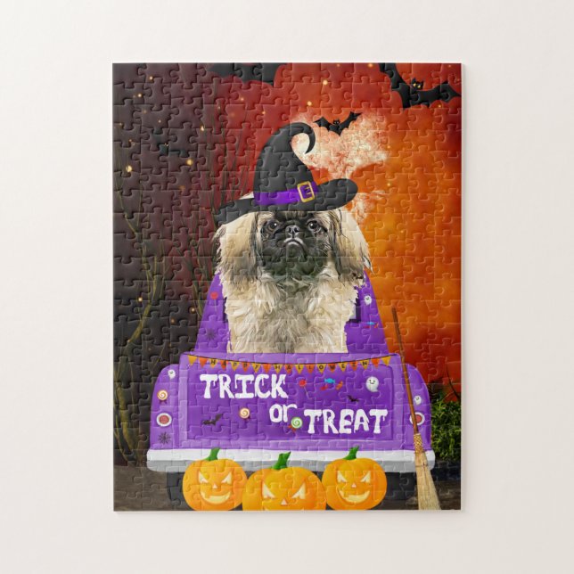 Pekingese Dog in Halloween Truck Jigsaw Puzzle (Vertical)