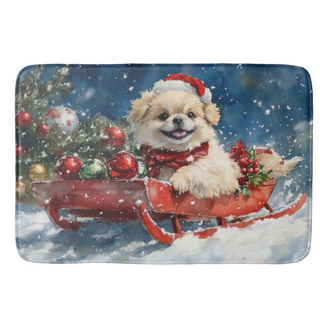Pekingese Dog in Sledge Let it Snow Christmas Bath Mat (Front)