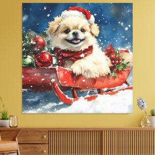 Pekingese Dog in Sledge Let it Snow Christmas Canvas Print