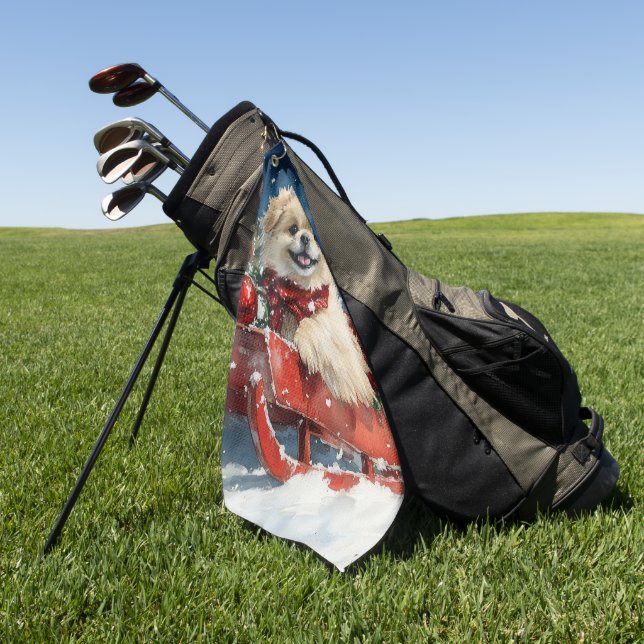 Pekingese Dog in Sledge Let it Snow Christmas Golf Towel (Green)