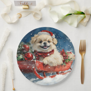 Pekingese Dog in Sledge Let it Snow Christmas Paper Plate