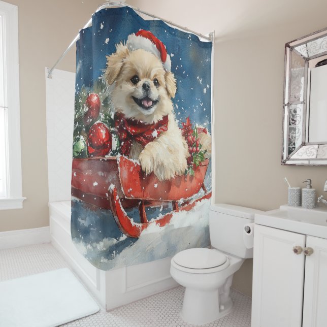 Pekingese Dog in Sledge Let it Snow Christmas Shower Curtain (In Situ)