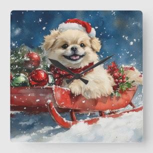 Pekingese Dog in Sledge Let it Snow Christmas Square Wall Clock