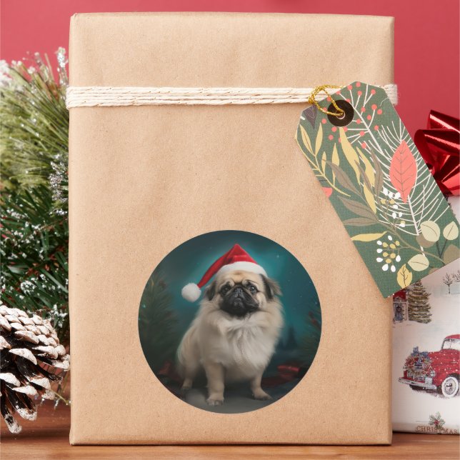 Pekingese Dog in Snow Christmas Classic Round Sticker (Holiday)
