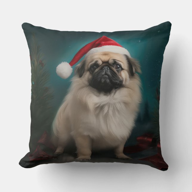 Pekingese Dog in Snow Christmas Cushion (Front)