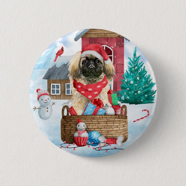 Pekingese Dog In snow Christmas Dog House  6 Cm Round Badge (Front)