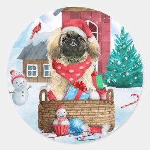 Pekingese Dog In snow Christmas Dog House Classic Round Sticker