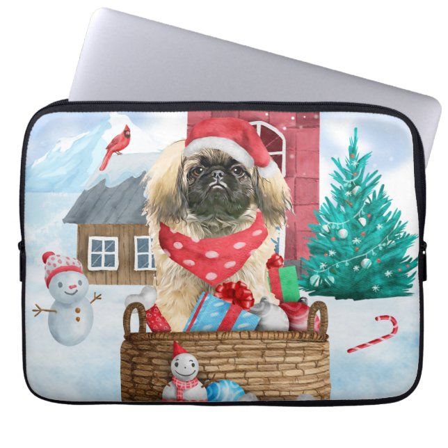 Pekingese Dog In snow Christmas Dog House Laptop Sleeve (Front)
