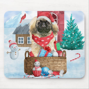Pekingese Dog In snow Christmas Dog House Mouse Mat