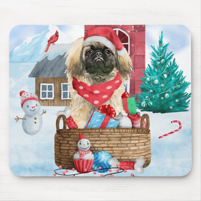 Pekingese Dog In snow Christmas Dog House Mouse Mat (Front)