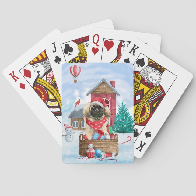 Pekingese Dog In snow Christmas Dog House Playing Cards (Back)