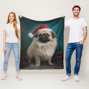 Pekingese Dog in Snow Christmas Fleece Blanket