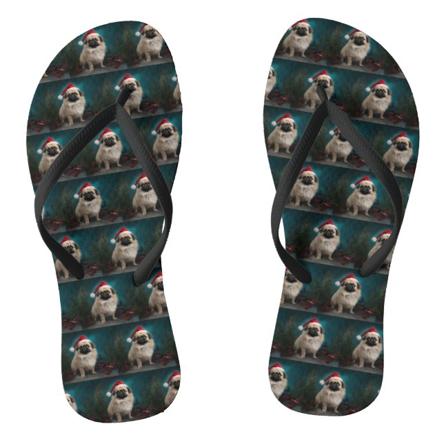 Pekingese Dog in Snow Christmas Flip Flops (Footbed)
