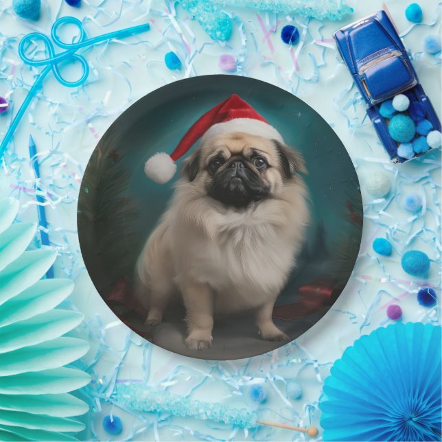 Pekingese Dog in Snow Christmas Paper Plate (Party)