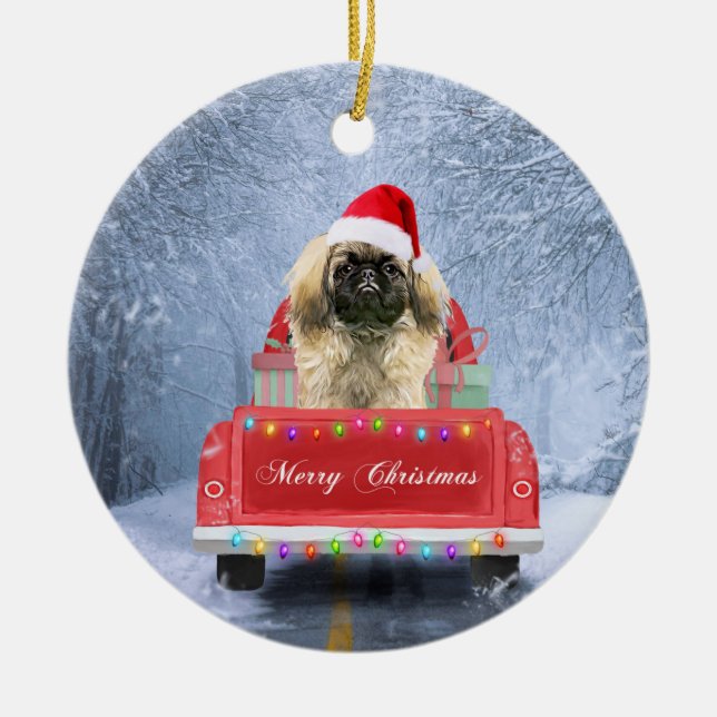 Pekingese Dog in Snow sitting in Christmas Truck  Ceramic Tree Decoration (Front)