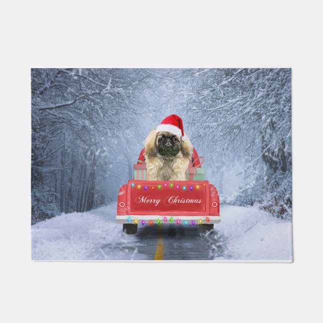 Pekingese Dog in Snow sitting in Christmas Truck  Doormat (Front)