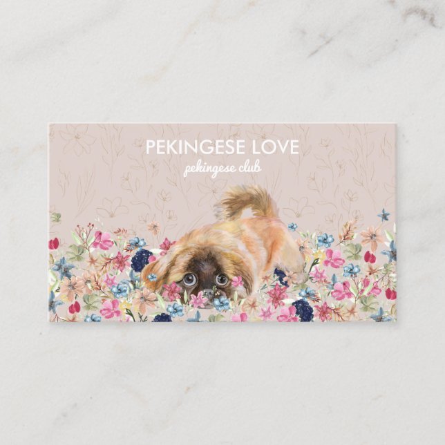 Pekingese Dog playing around flowers Business Card (Front)