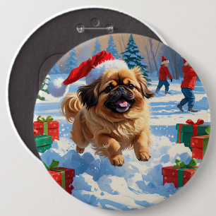 Pekingese Dog Running in Snow with Christmas Hat 6 Cm Round Badge