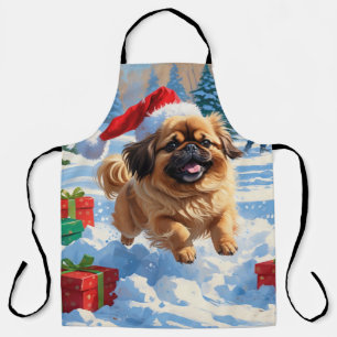 Pekingese Dog Running in Snow with Christmas Hat Apron