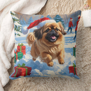 Pekingese Dog Running in Snow with Christmas Hat Cushion