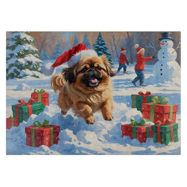 Pekingese Dog Running in Snow with Christmas Hat Cutting Board (Front)