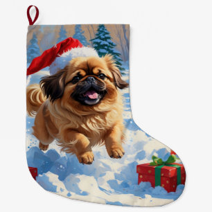 Pekingese Dog Running in Snow with Christmas Hat Large Christmas Stocking