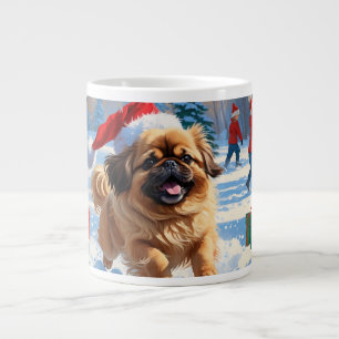 Pekingese Dog Running in Snow with Christmas Hat Large Coffee Mug