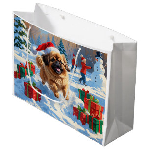 Pekingese Dog Running in Snow with Christmas Hat Large Gift Bag