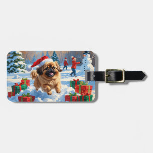 Pekingese Dog Running in Snow with Christmas Hat Luggage Tag