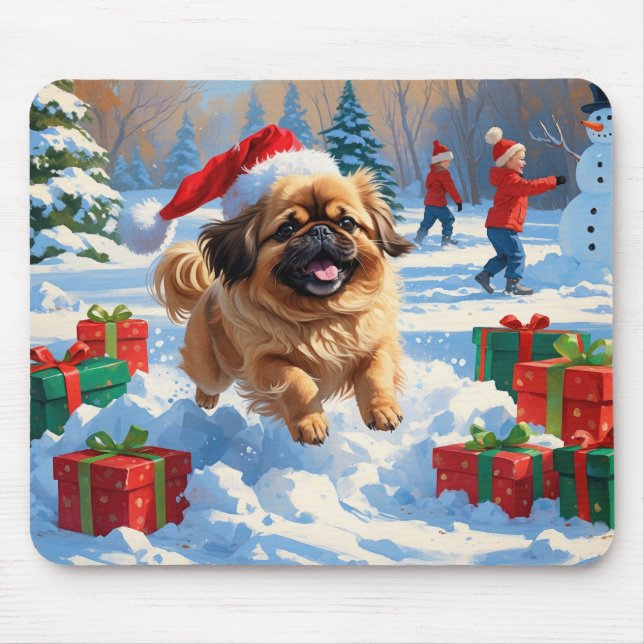 Pekingese Dog Running in Snow with Christmas Hat Mouse Mat (Front)