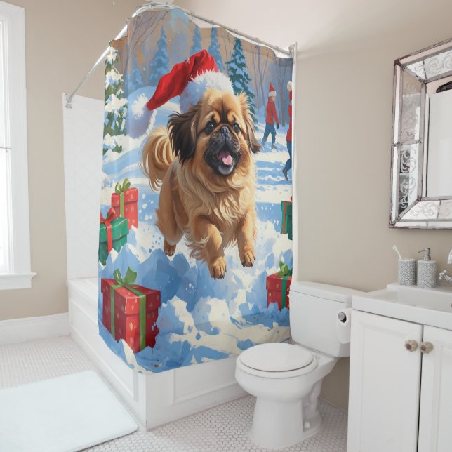 Pekingese Dog Running in Snow with Christmas Hat Shower Curtain (In Situ)