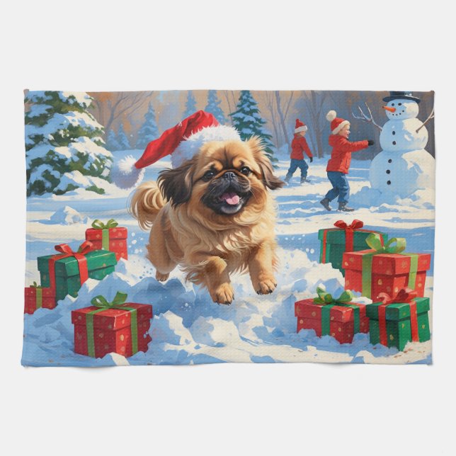 Pekingese Dog Running in Snow with Christmas Hat Tea Towel (Horizontal)