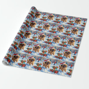 Pekingese Dog Running in Snow with Christmas Hat Wrapping Paper