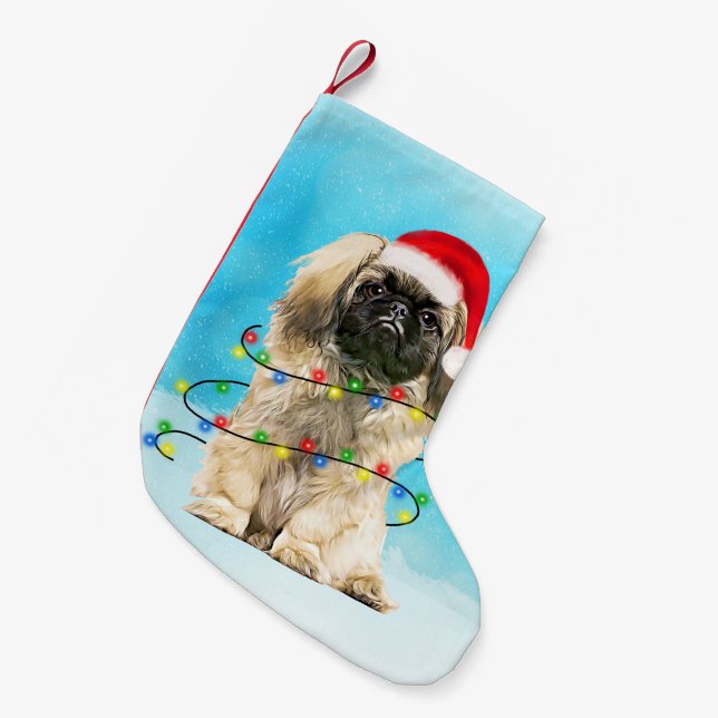 Pekingese Dog Sitting In Snow Christmas Hat Lights Small Christmas Stocking (Front (Hanging))