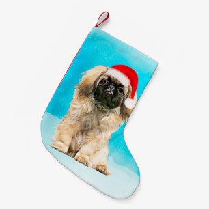Pekingese Dog Sitting In Snow Christmas Hat Small Christmas Stocking