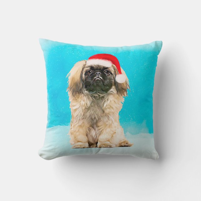 Pekingese Dog Sitting On Beach Christmas Hat Cushion (Front)