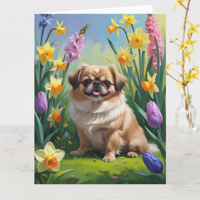Pekingese Dog Spring Flowers Painting  Card (Yellow Flower)